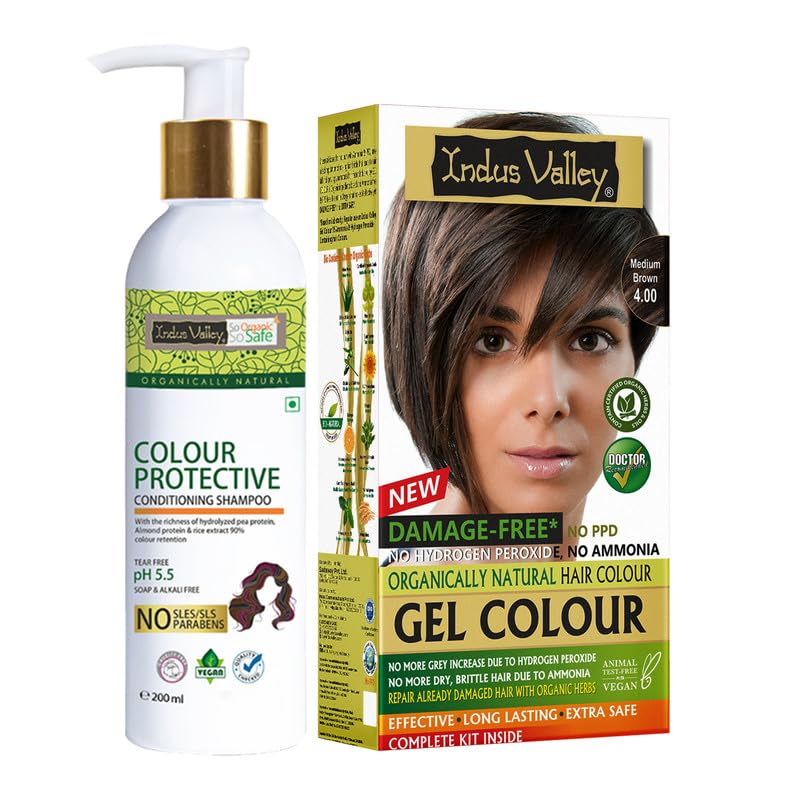INDUS VALLEY Hair Color Trial Pack | Medium Brown With Colour Protection Shampoo (200 ml)