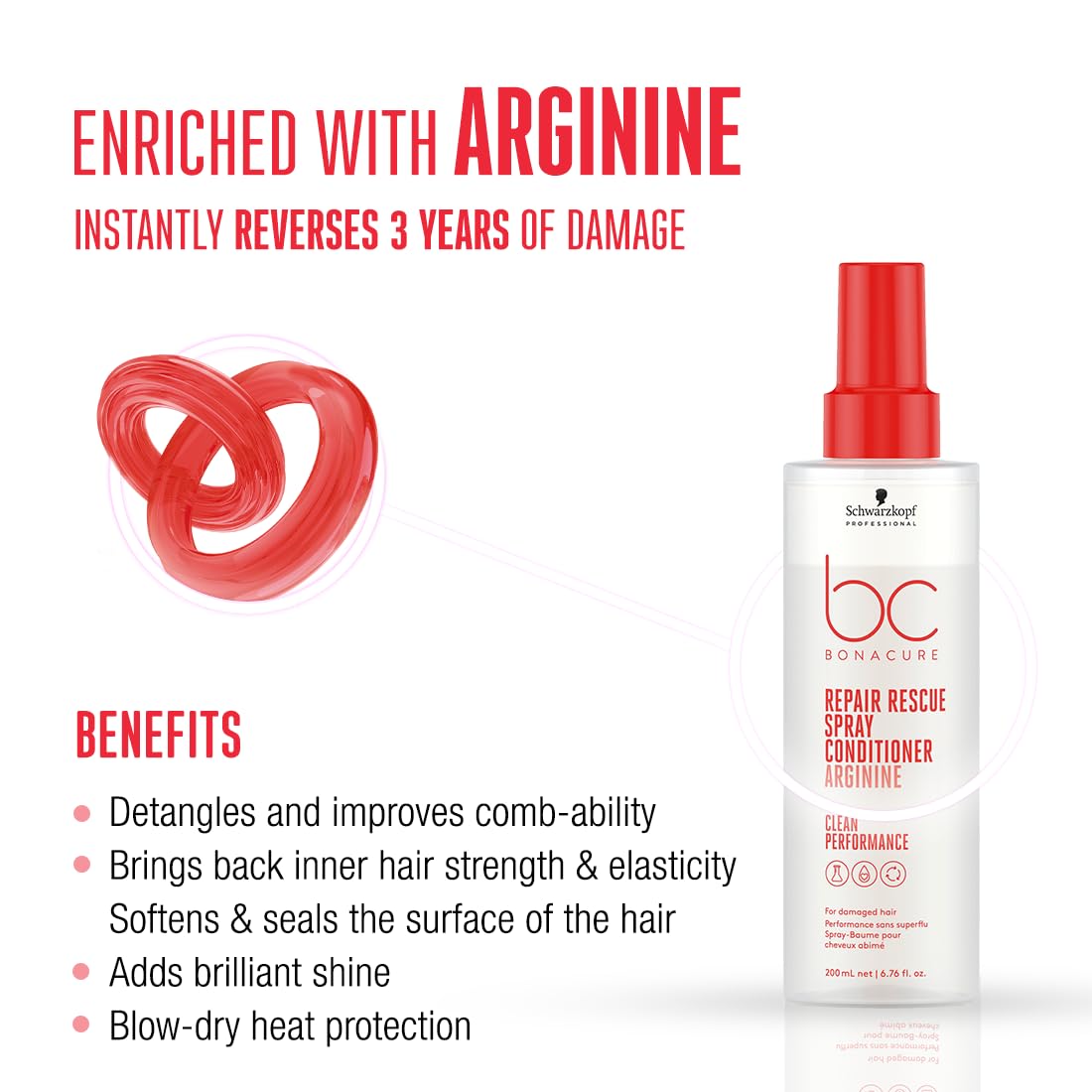 Schwarzkopf Professional New Bonacure Clean Repair Rescue Shampoo (250ml) with Arginine + Spray Conditioner 200ml | COMBO for Damaged and chemically treated hair