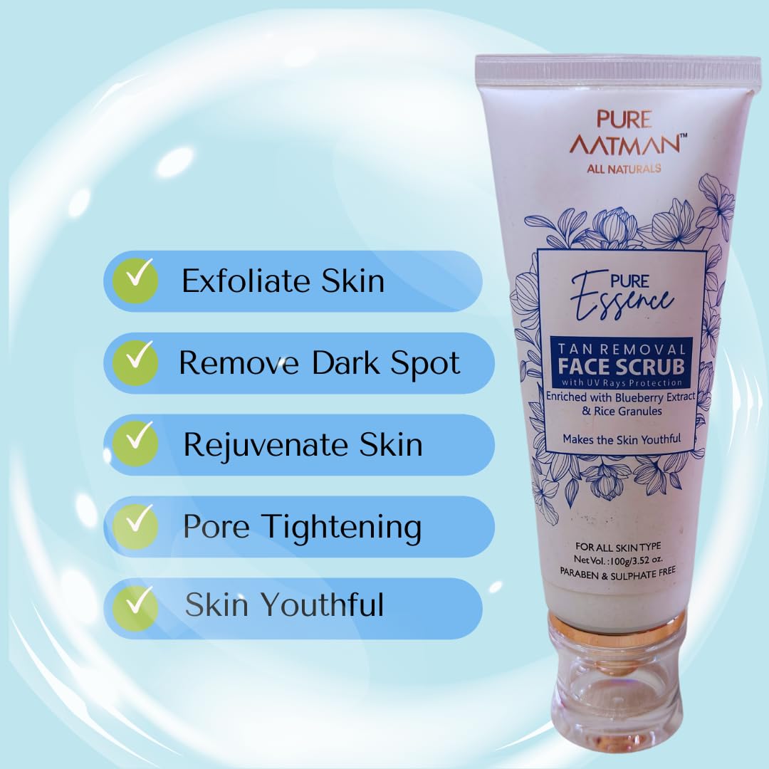 Pure Aatman De-Tan Face Scrub with Blueberry Extract & Rice Granules | Powerful Formula that Removes Tan, Blackheads, Sunburn | Gentle Exfoliator for Radiant Skin | Unclogs Pores | Only Natural Ingredient Used | Result Oriented | For Both Men & Women