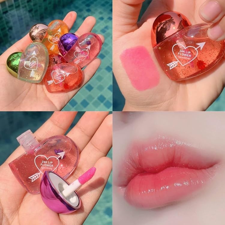 Huda Girl Beauty Hydrating Cute Sequin Heart Shape Lipgloss Oil Color Change Moisturizing Kids Girls LipOil Moisturizing Lips Care For Tint Dry And Chapped Lips - Set Of 4