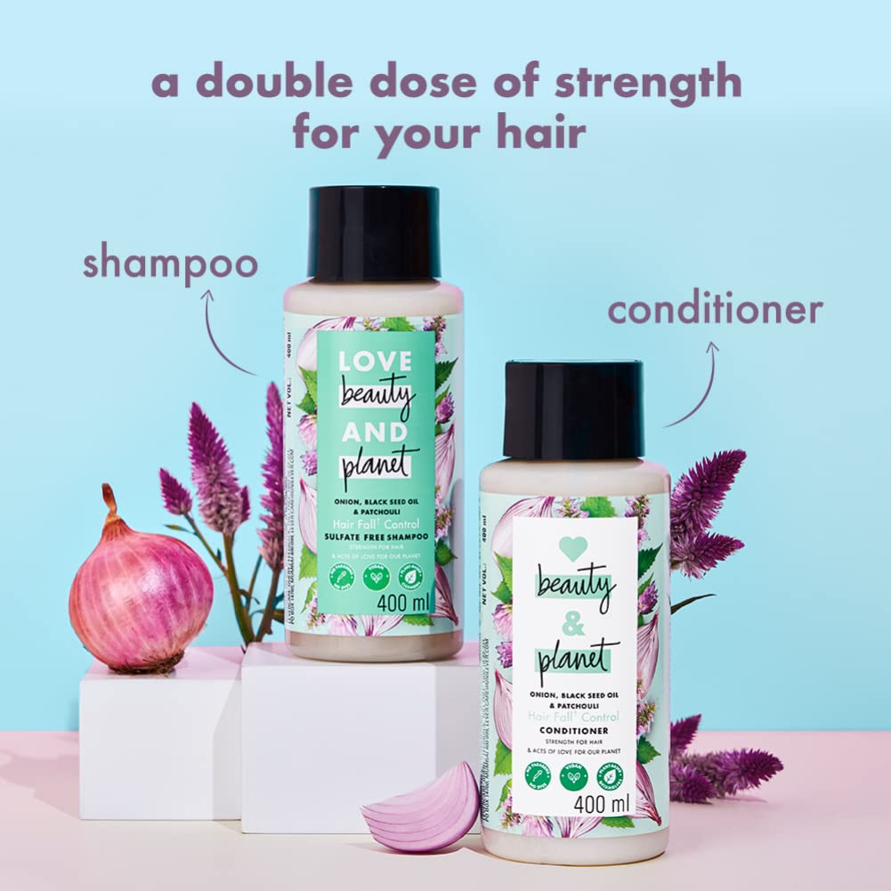 Love Beauty & Planet Onion oil, Blackseed oil & Patchouli Hairfall Control Shampoo & Conditioner, No Parabens, No dyes, Patchouli Essential Oil, 200 ml