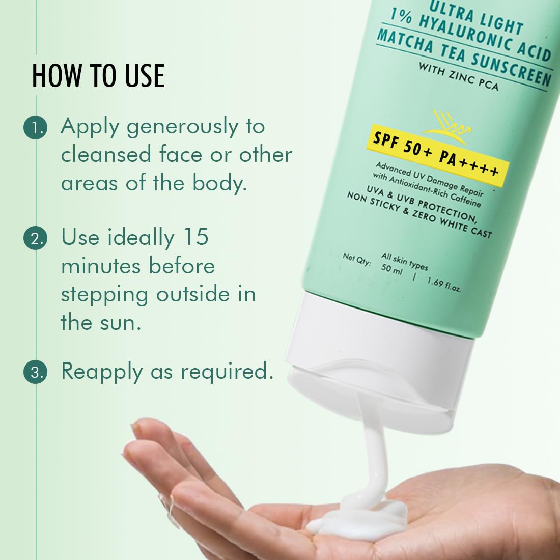 mcaffeine Sun Fix Ultra Light 1% Hyaluronic Acid Matcha Tea Sunscreen for All Skin Type Spf 50+ & Pa++++ Uva-Uvb & Blue Light Protection|No White Cast|Controls Oil|Non-Sticky|Fragrance Free - 50Ml