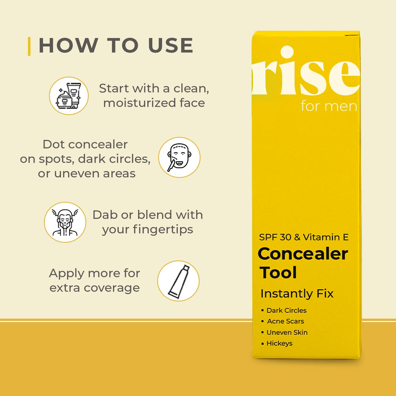 Rise for Men Concealer Tool | Covers Spots, Dark Circles, Acne Scars, & Hickeys Instantly | SPF 30 & Vitamin E | Available in 4 Shades (Dark)