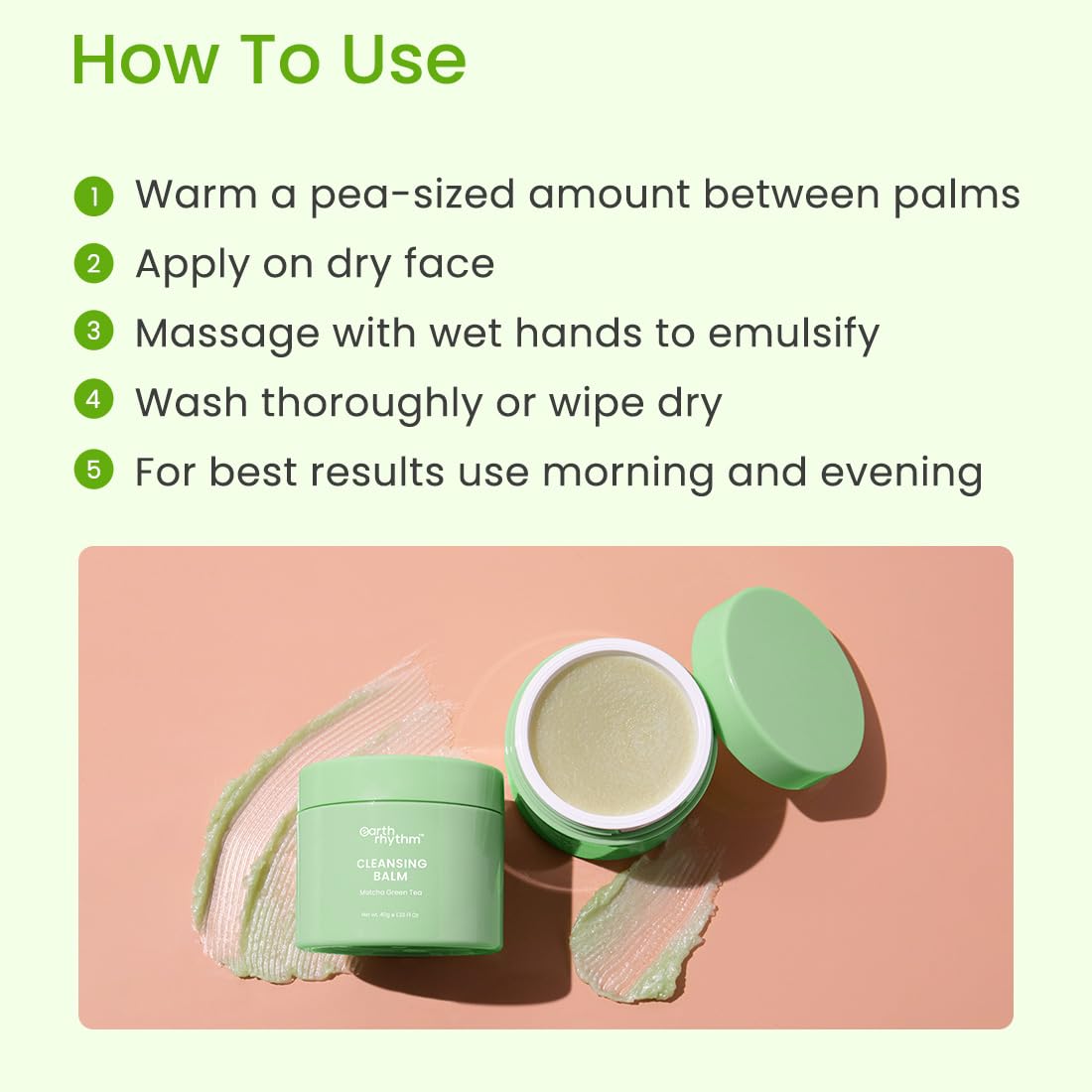Earth Rhythm Matcha Cleansing Balm & Cleansing Pad, Easily Removes Stubborn Face & Eye Makeup - 50 gm