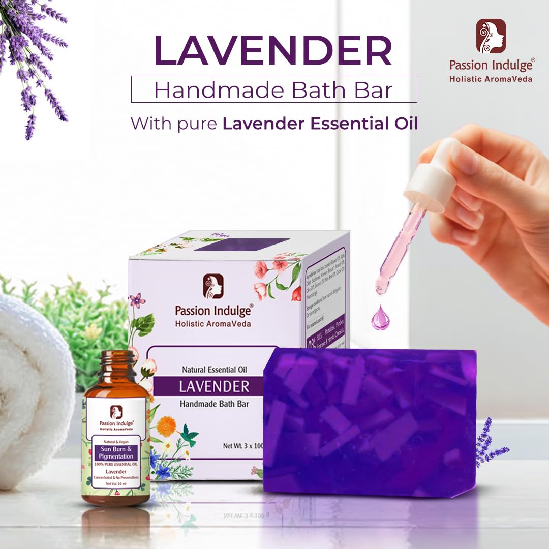 Passion Indulge Lavender Handmade Soap -PACK OF 3 (Each 100 gm), Natural Essential Oil Nourishing Bath Soap | Deep Cleansing | Bath soap for all type skin