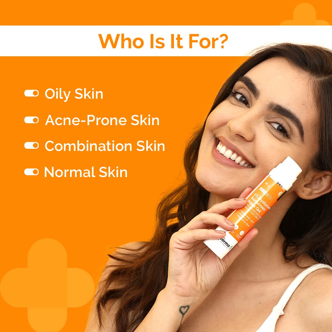 The Derma Co 1% Hyaluronic Sunscreen Aqua Gel SPF 50 PA++++ | For Oily, Dry, Acne-prone Skin | Ultra Lightweight Texture | Non-Greasy | No White Cast | Broad Spectrum Protection & Blue Light Protection | For Men & Women | 50 g