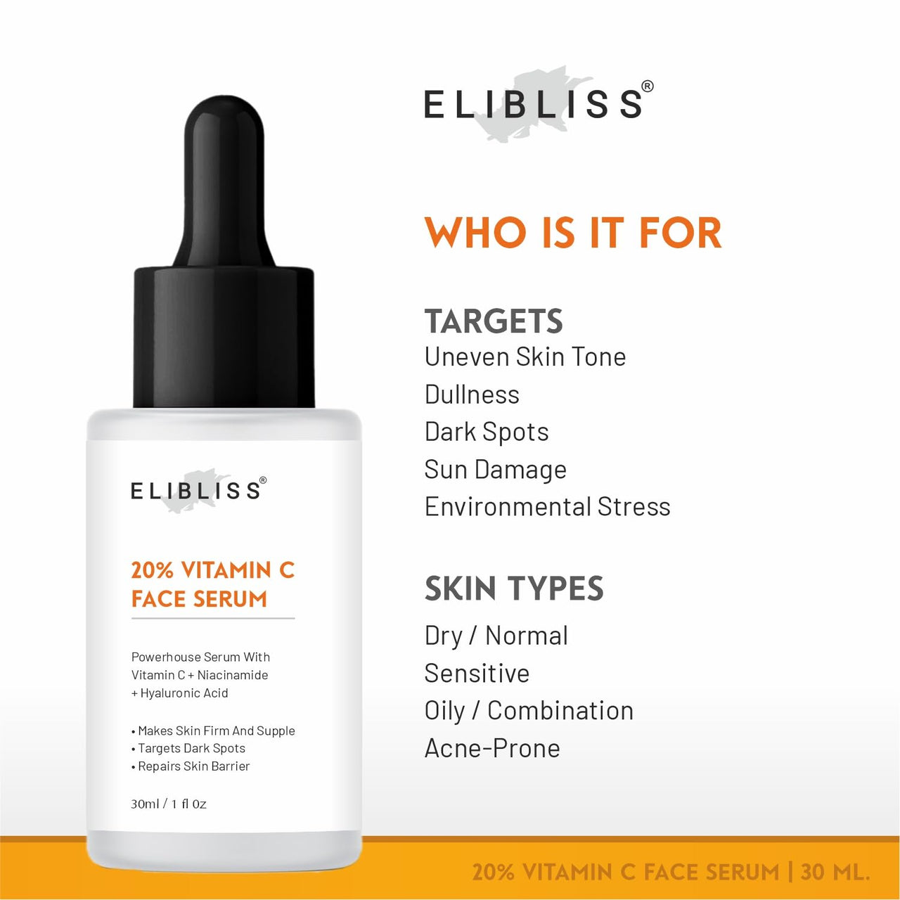 Elibliss Daily Skincare and Lip Care Combo | 20% Vitamin C Face Serum with Niacinamide and Hyaluronic 30ml | 3 in 1 Tinted Lip Balm Set with Beetroot Blush, Watermelon Crush and Cherry Blossom 15g