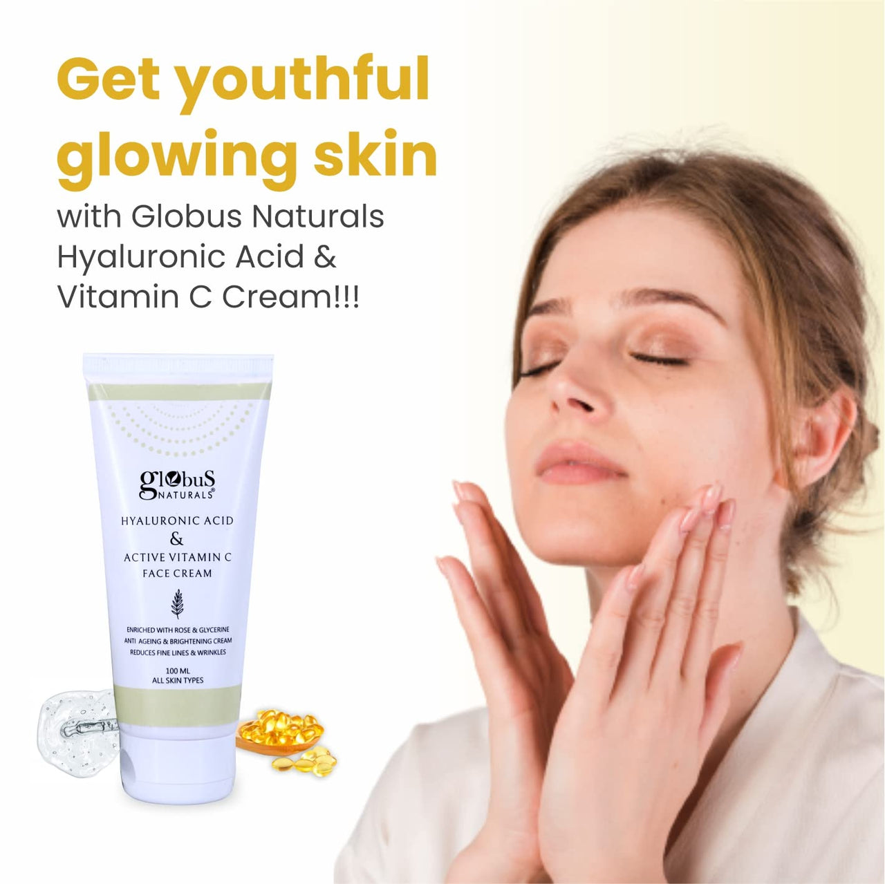 Globus Naturals Hyaluronic Acid & Vitamin C Anti Ageing Face Cream, Enriched with Rose & Glycerine, Skin Lightening & Brightening Formula, 100 ml, Pack Of 5