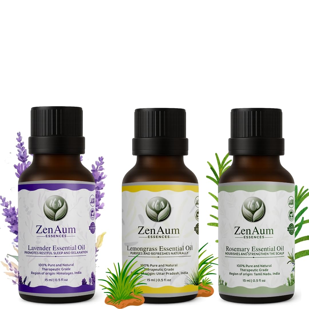 ZenAum Essences Mind, Body & Soul Ritual Set | 100% Pure Rosemary, Lavender & Lemongrass Essential Oils Pack of 3 (15ml Each) | Clear Mind, Calm Mood & Fresh Energy | Diffuser, Skincare & Wellness Use | GMP, IFRA, ISO Certified