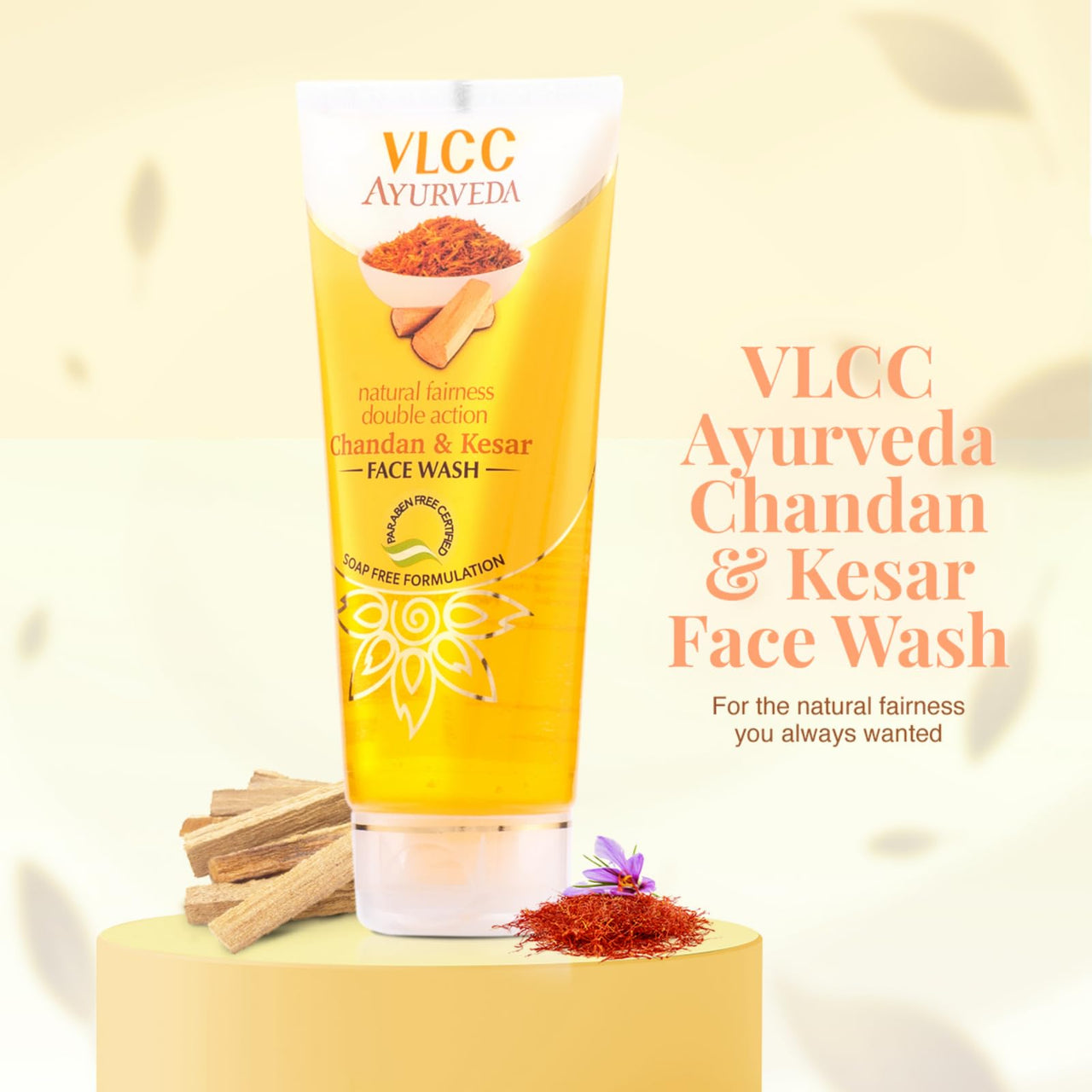 VLCC Ayurveda Natural Fairness Chandan & Kesar Face Wash - 100ml X 2 (Pack of 2) | Complexion Brightening Everyday Facewash | Saffron for Anti-Ageing Benefits | Ayurvedic Facewash for All Skin Types