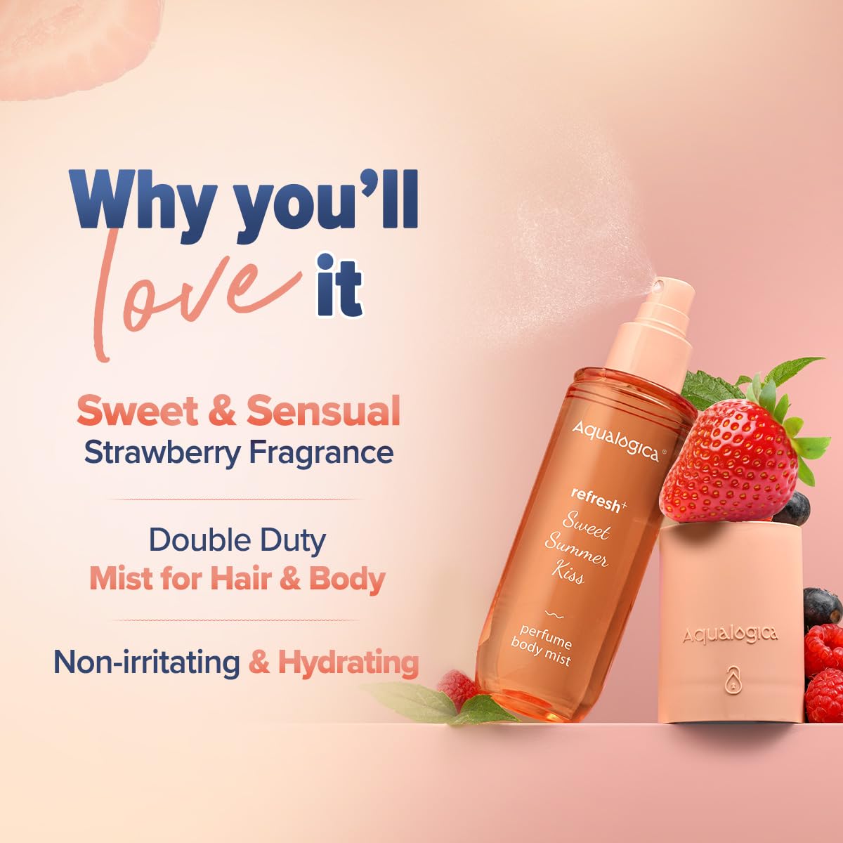Aqualogica Refresh+ Sweet Summer Kiss Perfume Body Mist With Zemea & Hyaluronic Acid | Long-Lasting Fragrance | Sweet Strawberry Fragrance | Double Duty Mist For Hair & Body | Gives Intense Hydration | 150 ml