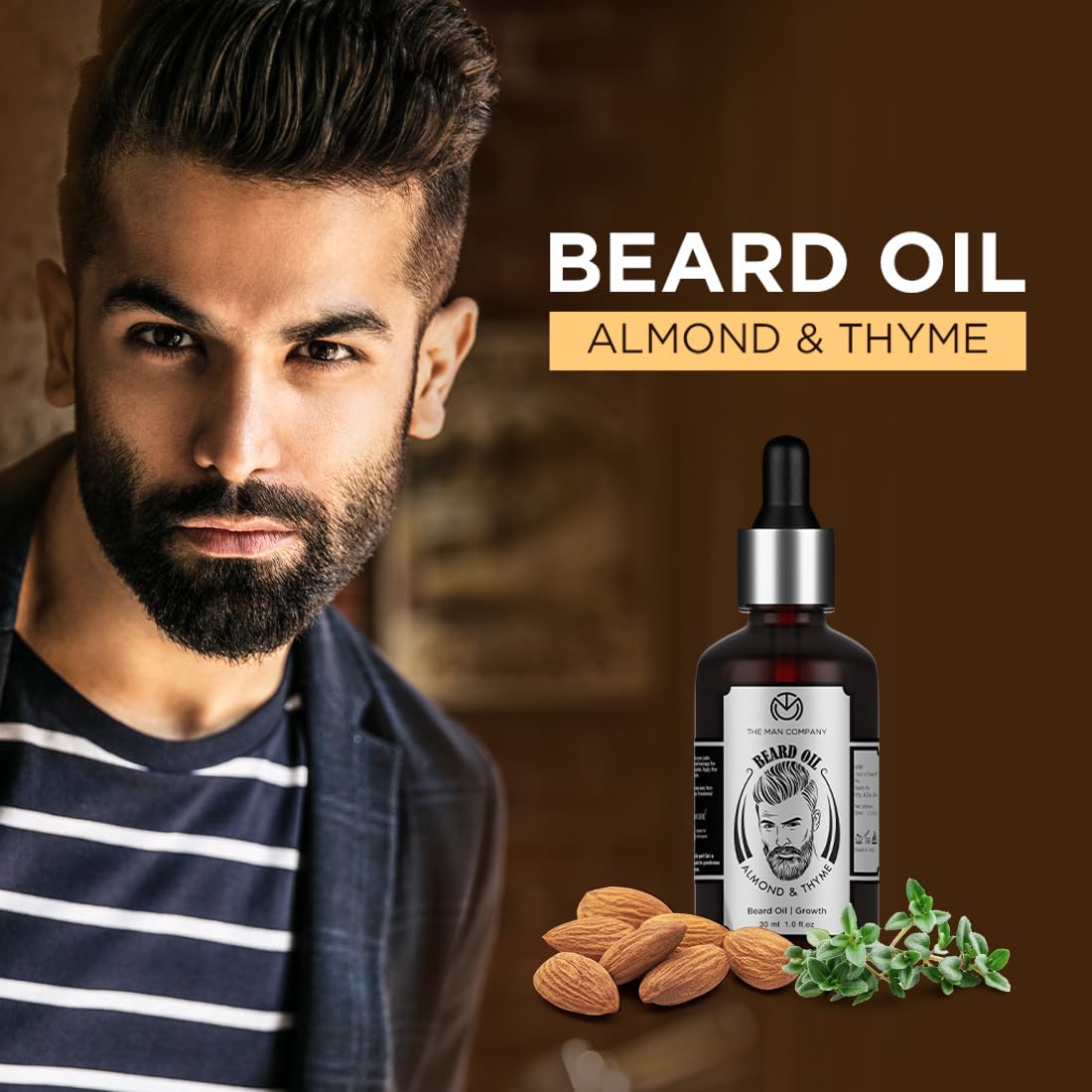 The Man Company 100% Natural Beard Oil - 50 ml with Almond & Thyme for Faster, Thicker & Longer Beard | Best Beard Growth Oil for Men, Nourishes & Strengthens Uneven Patchy Beard