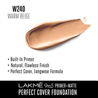 Lakmé 9 To 5 Primer + Matte Perfect Cover Full Liquid Foundation, W240 Warm Beige, 25ml & Absolute Blur Perfect Makeup Primer, Peach, 10g (Acne Prone)