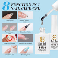 Bolt Bee 8-in-1 Nail Glue Gel – Builder Gel for Nail Extension, Repair, Strengthening, Apex Building, Blooming & Rhinestone Fixing – Soak Off UV/LED Gel, 15ml