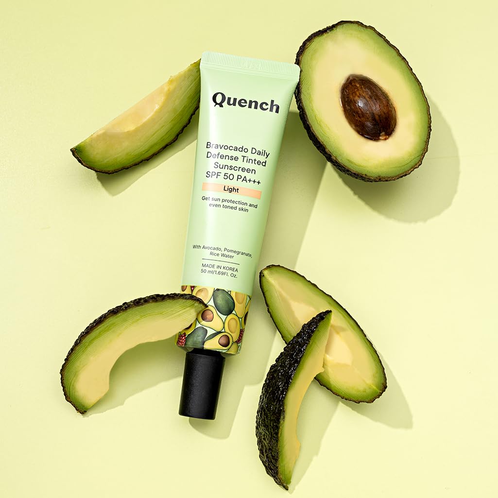 QUENCH BOTANICS Quench Daily Defense Tinted Sunscreen SPF 50 PA+++ for Glowing Skin with Avocado & 2% Niacinamide | Normal Blue Light Protection | Satin-Matte Finish | Made in Korea (Light, 50ml)