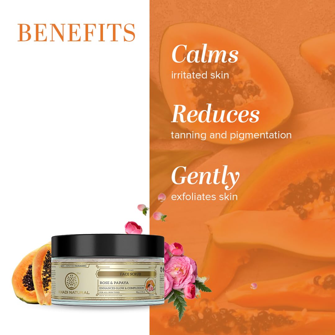 Khadi Natural Rose & Papaya Face Scrub | Ayurvedic Scrub for Face | Moisturizing Face Scrub | Face Scrub for Removing Blackheads | Free From Harsh Chemicals | Suitable for All Skin Types