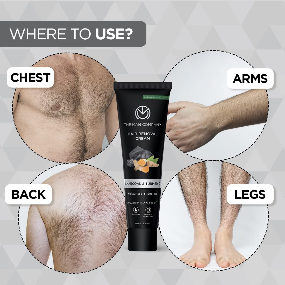 The Man Company Hair Removal Cream for Men | Removes Unwanted Hair in Just 5 Minutes | 24 Hours Hydration | Enriched with Charcoal & Turmeric | Dermatologically Tested | For All Skin Types - 100gm