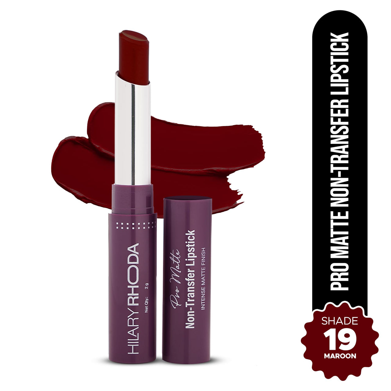 Hilary Rhoda Pro Matte Non-Transfer Lipstick | Waterproof & Smudge-Proof | 12-Hour Long Stay | 24 Shades Available | Highly Pigmented Matte Finish Lipstick | 2g - (Maroon | Shade 19)