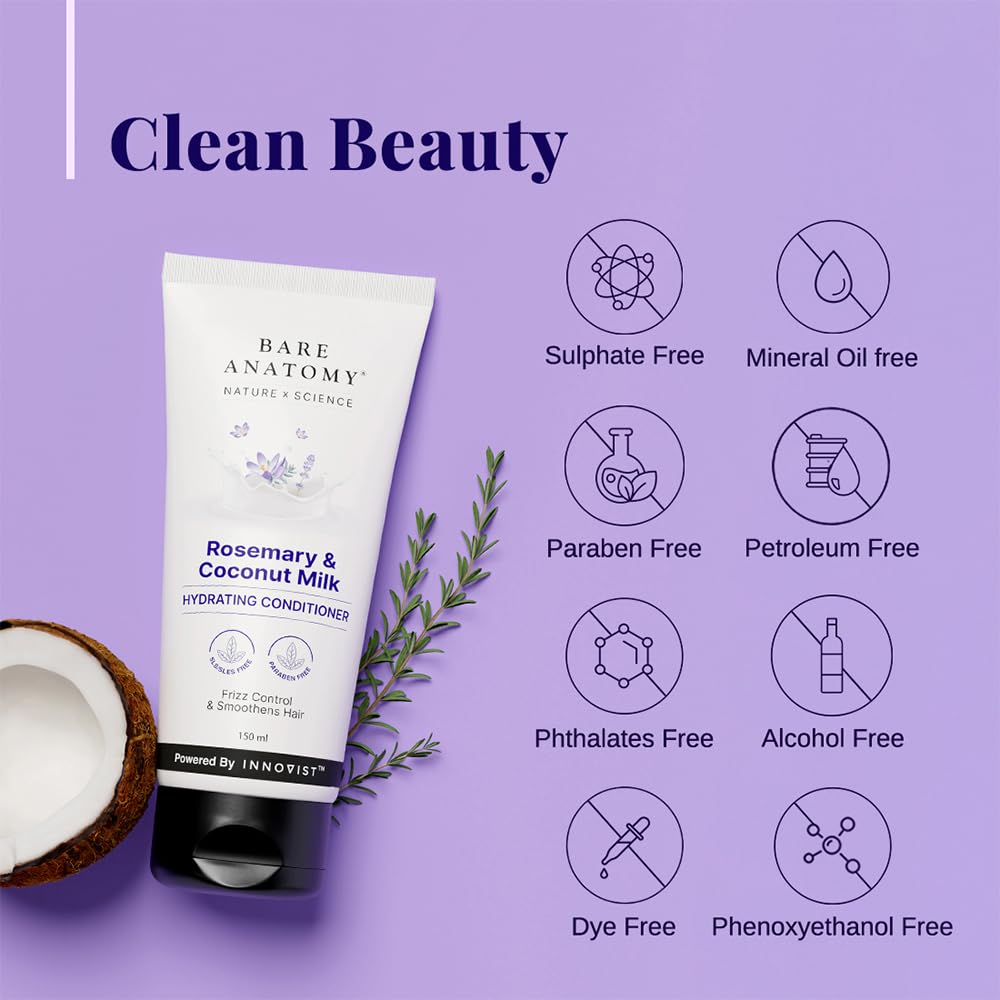 Bare Anatomy Nature x Science Rosemary & Coconut Milk Hydrating Conditioner | Natural conditioner for dry, dull & frizzy hair | SLS & Paraben Free | Conditioner for Women & Men | 150mL
