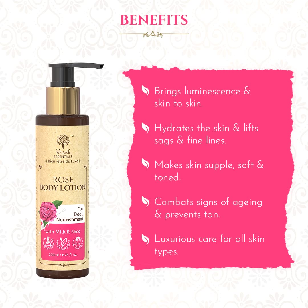 Khadi Essentials Body Lotion for Winter Season with Rose & Shea Butter for Women & Men, Sulphate/Paraben Free Ramani Indian, 200 ml