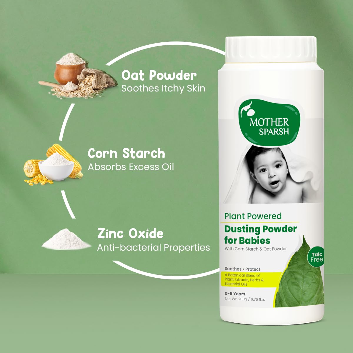 Mother Sparsh Plant Powered Dusting Powder For Babies - 200g | Talc Free Baby Powder With Corn Starch & Oat Powder