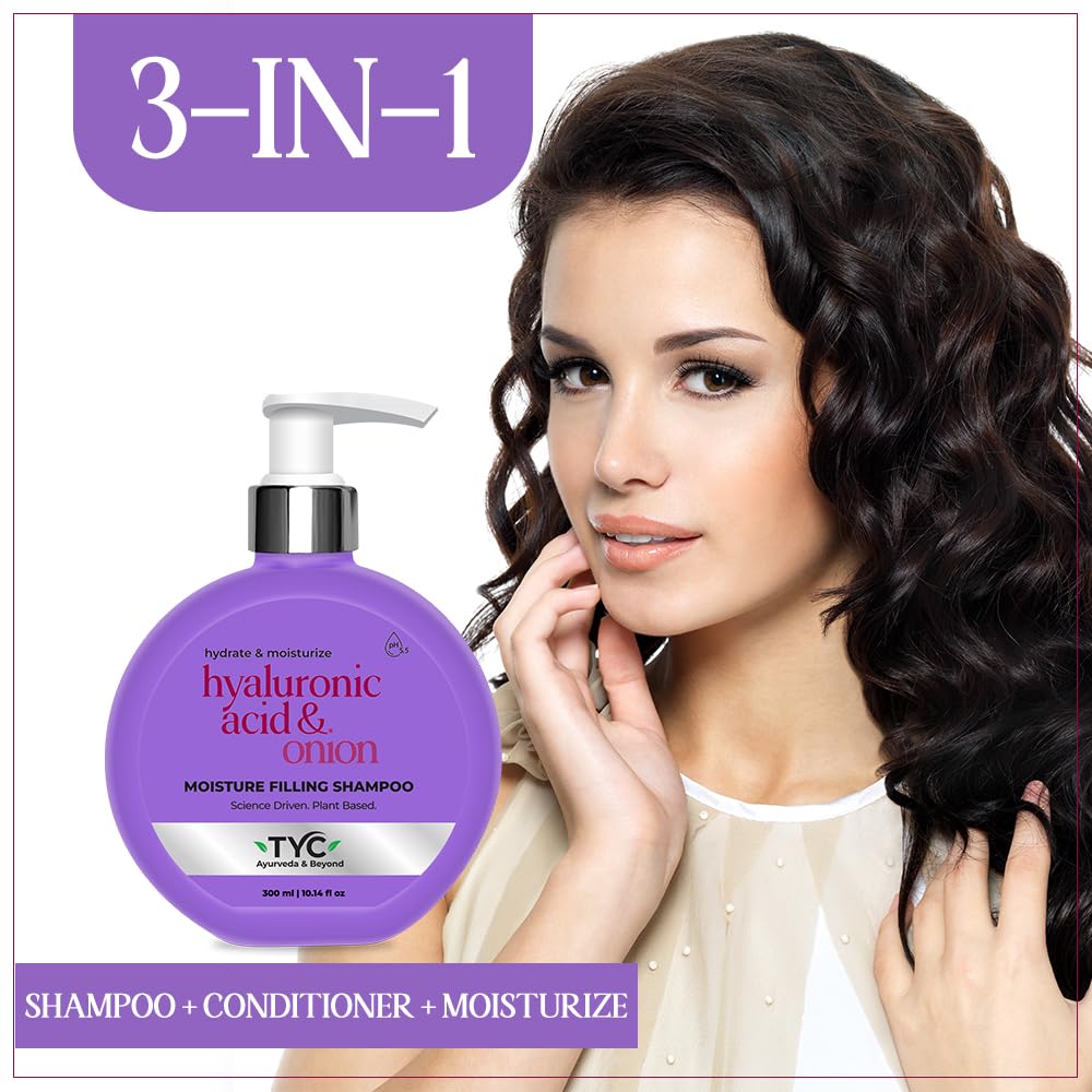 TYC - TRUST YOUR CHOICE Ayurvedic Moisture Filling Shampoo For Dry, Damaged Frizzy Curly Hair | Hyaluronic Acid And Onion | Sulphate And Paraben Free | 3-In-1 Shampoo With Conditioner | 300 Ml