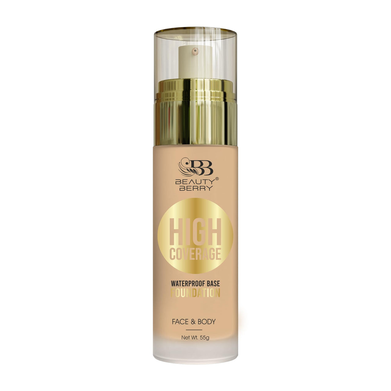 Beauty Berry High Coverage Waterproof Base Foundation | Oil Free, Long Wearing & Lightweight Foundation | Full Coverage Foundation for Face Makeup Enriched with Jojoba Seed Oil (04 - Natural Nude, 55g)