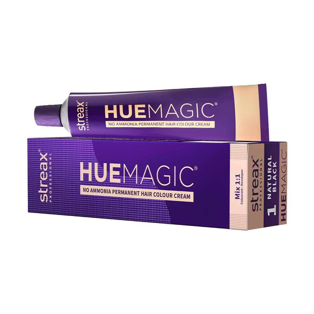 Streax Professional HueMagic Permanent Hair Colour Cream, 90gm | Black Hair Colour, Natural Black 1 | No Ammonia hair Color| For All Hair Types