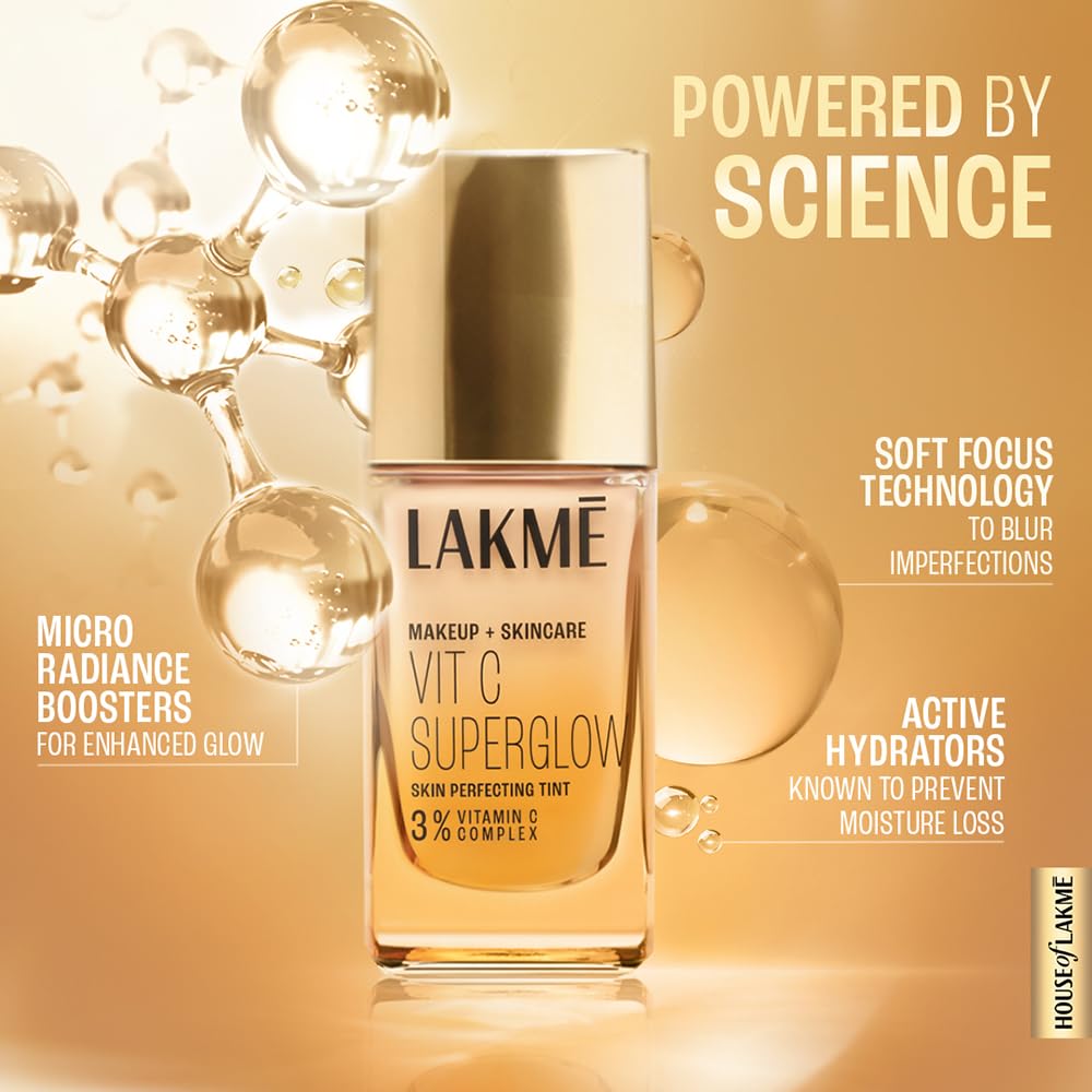 Lakmé Natural Makeup For All Skin Type+Skincare Vitc Superglow Skin Perfecting Liquid Medium Coverage Tint Cool Ivory C100 25Ml 1 Count