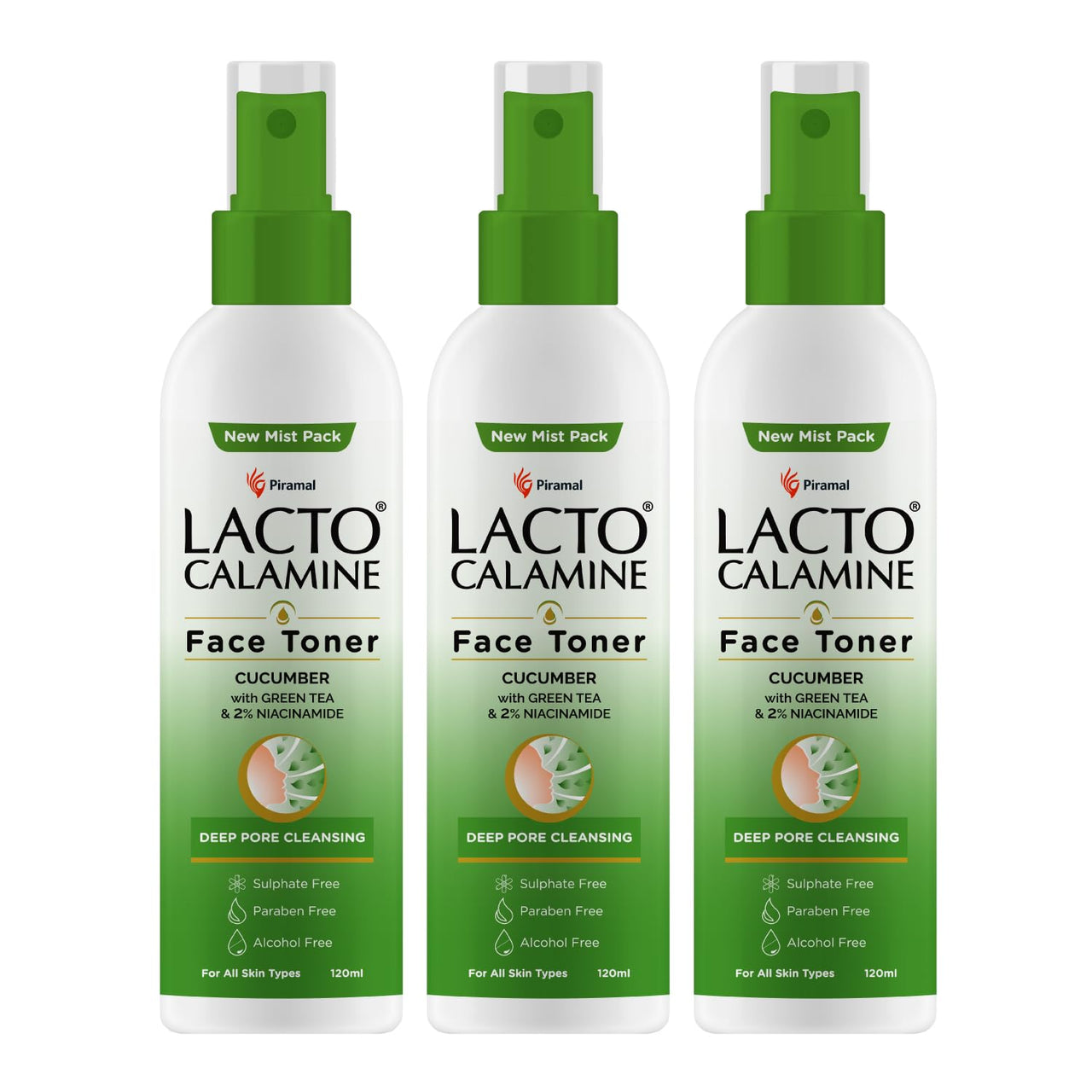 Lacto Calamine Face Toner With Cucumber | 120ml Each-pack of 3 | Deep Pore Cleansing | Open Pores Tightening with Green Tea & 2% Niacinamide For Cool & Hydrated Skin | No Sulphate, Alcohol & Parabens