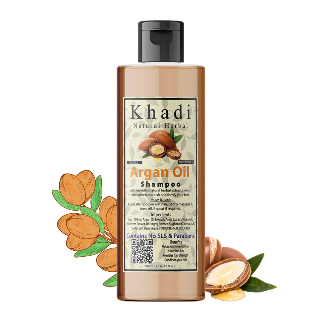 Khadi Natural Herbal Argan Oil Shampoo For Hair Growth | Enriched With Argan, Amla , Bhringraj , Aloevera And Vitamn E Extract | Sls And Parben Free Argan Shampoo For Men And Women Pack Of 200Ml