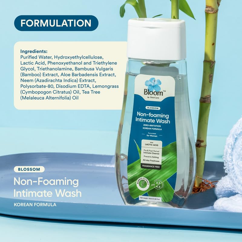 Bloom Non-Foaming Intimate Wash for Women | (100 ml) | For Vaginal Itching, Dryness & Bacterial Infections | Bamboo Extract & Lactic Acid Formulation | Fragrance-Free Hygiene Wash for Vagina