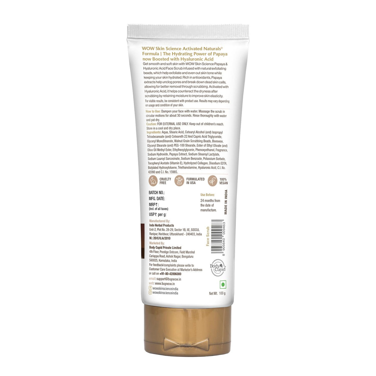 WOW Skin Science Papaya and Hyaluronic Acid Hydrating Face Scrub | Gently Exfoliates | Unclogs Pores | Removes Dead Skin Cells | Improves Skin Elasticity | Hydrates & Moisturize Skin| 100 gms
