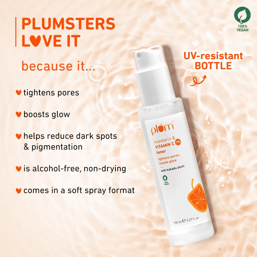 Plum 1% Vitamin C Toner with Mandarin & Kakadu Plum | Alcohol-free Toner | For Glowing Skin | Soft Spray Dispenser | Fragrance-Free | For All Skin Types | Women & Men | 100% Vegan | 150 ml