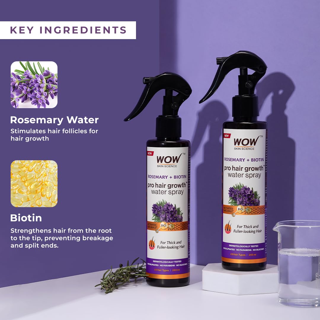 WOW Skin Science Rosemary + Biotin Pro Hair Growth Water Spray | Thicker & Fuller Hair | Rosemary Water For Hair Growth | No Parabens, Sulphates or Silicones | 200 ml