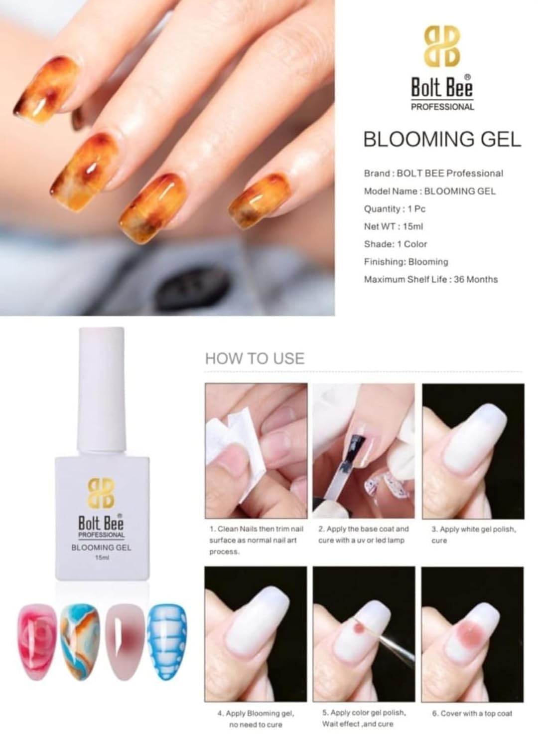 Bolt Bee Blooming Gel 15ml Clear Uv Led Blossom Gel Polish for Spreading Effect Marble Natural Stone Watercolor Floral Print Soak off Diy Nail Art Design Manicure Gift for Women