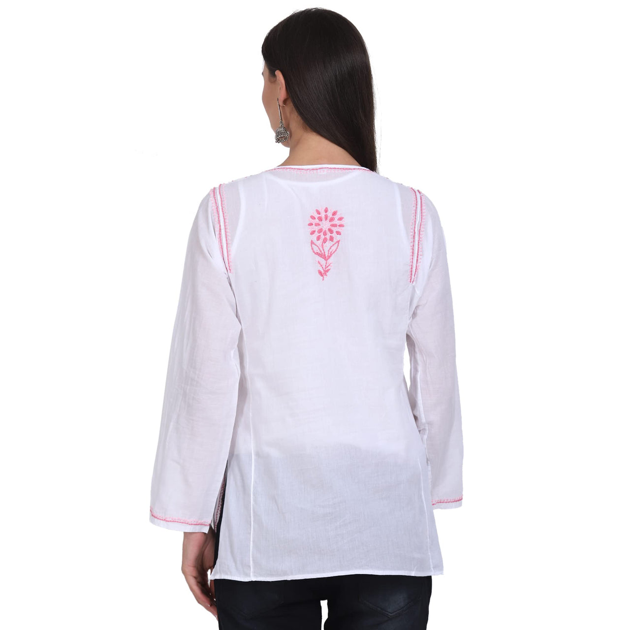 Paramount Women's  Chikankari Cotton White Straight Short Kurta Navy XS