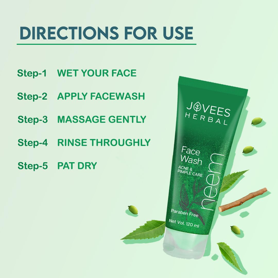 Jovees Herbal Neem Face Wash For Clear Skin with Neem & Tea Tree Ext | Gentle For Acne-Prone Skin | Controls Oil, Pimples and Dark Spots | Acne Control Cleanser For All Skin Type - 120ml (pack of 3)