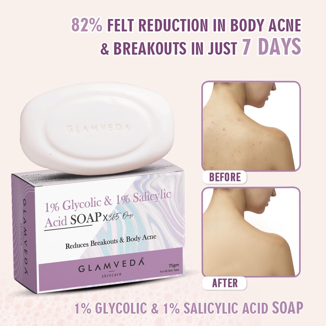 Glamveda Anti Acne 1% ww Glycolic Acid & 1% ww Salicylic Acid Soap | Reduces Dark Spots, Acne Scars & Hyperpigmentation - 75gm Pack of 1