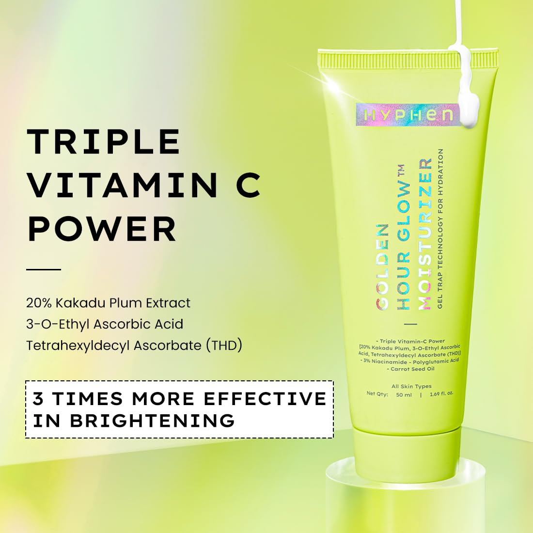 Hyphen Golden Hour Glow Face Moisturizer | Skin Brightening With Triple Vitamin C -20% Kakadu Plum, 3% Niacinamide Oil Free Cream|Oily, Dry, All Skin Types - 50Ml