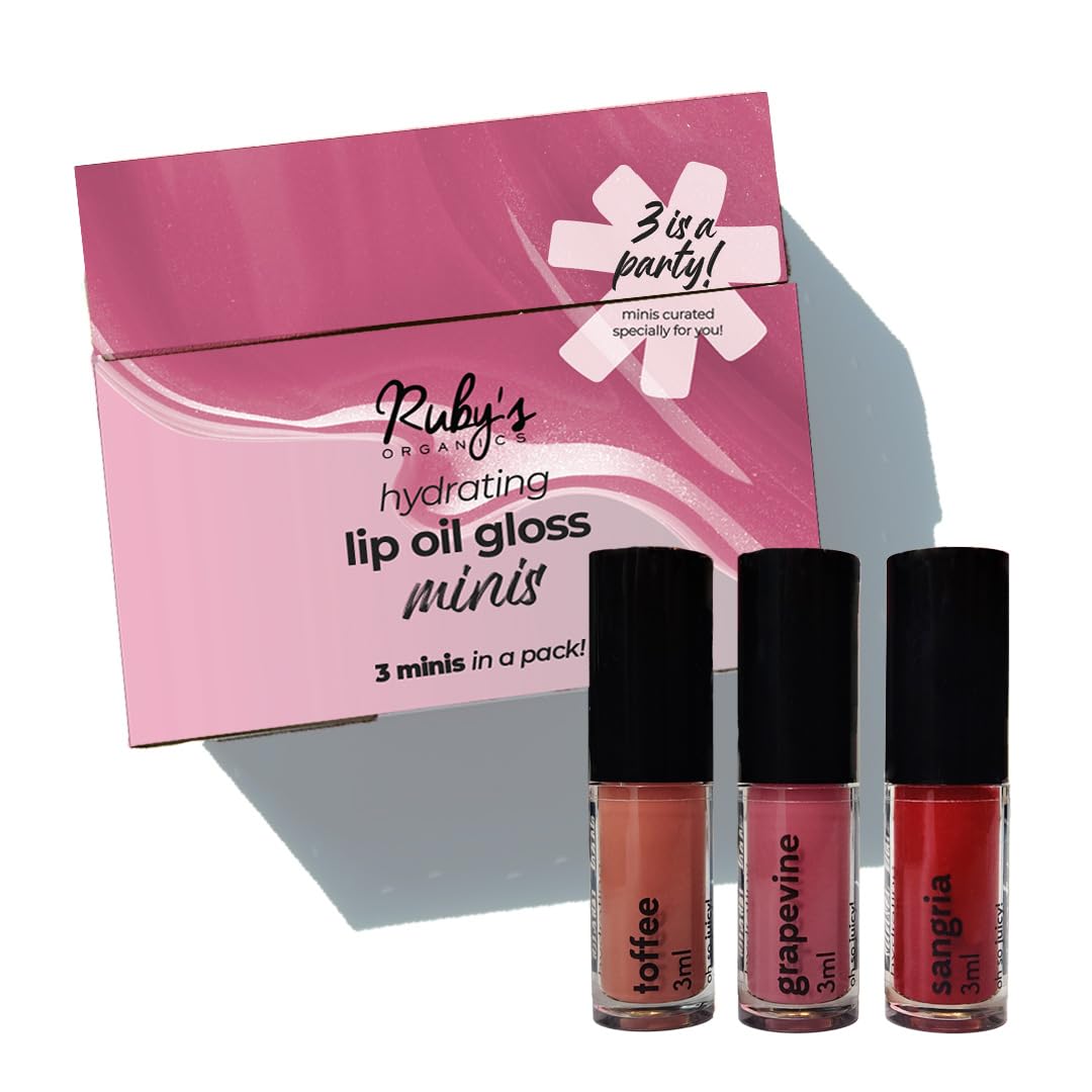Ruby's Organics Lip Beauty Gift Kit- Lip Oil Glossy Minis Sunset, Moisturizing, Long Lasting, Non Sticky & Non Drying, Natural Lip Makeup, Paraben Free - Sangria, Grapevine and Toffee Shades