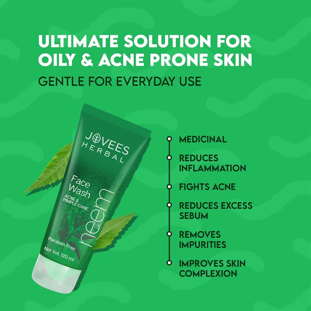 Jovees Herbal Neem Face Wash For Clear Skin with Neem & Tea Tree Ext | Gentle For Oily & Acne-Prone Skin | Controls Oil, Pimples and Dark Spots | Acne Control Cleanser For All Skin Type - 50ml