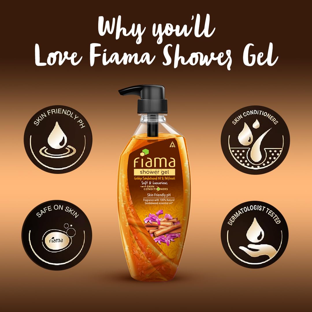 Fiama Body Wash Shower Gel Golden Sandalwood Oil and Patchouli, 500ml, Body Wash for Women & Men with Skin Conditioners for Soft and Luxurious Skin, Suitable for All Skin Types