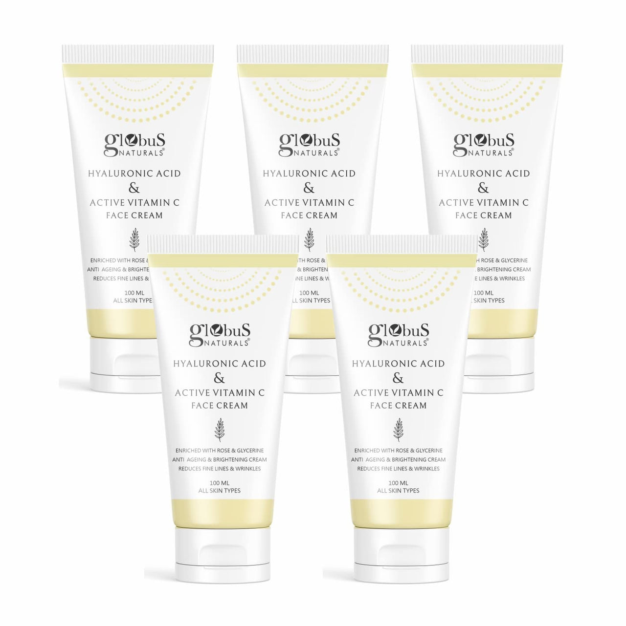 Globus Naturals Hyaluronic Acid & Vitamin C Anti Ageing Face Cream, Enriched with Rose & Glycerine, Skin Lightening & Brightening Formula, 100 ml, Pack Of 5