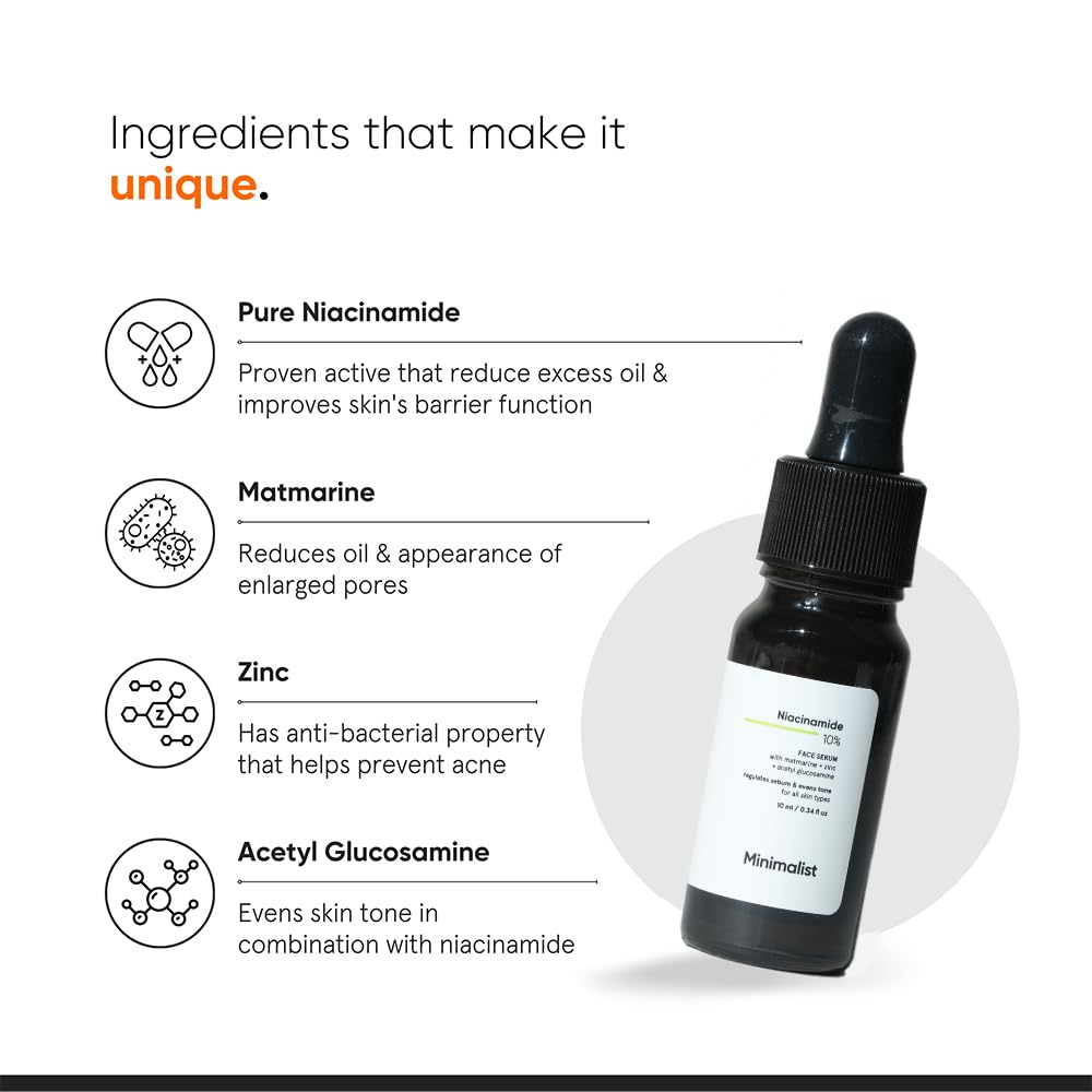 Minimalist Oil Control & Anti-Acne 10% Niacinamide Face Serum with Zinc | Skin Clarifying,Blemishes Removing & Pore Care for All Skin Types | 10 ml (Pack of 1)