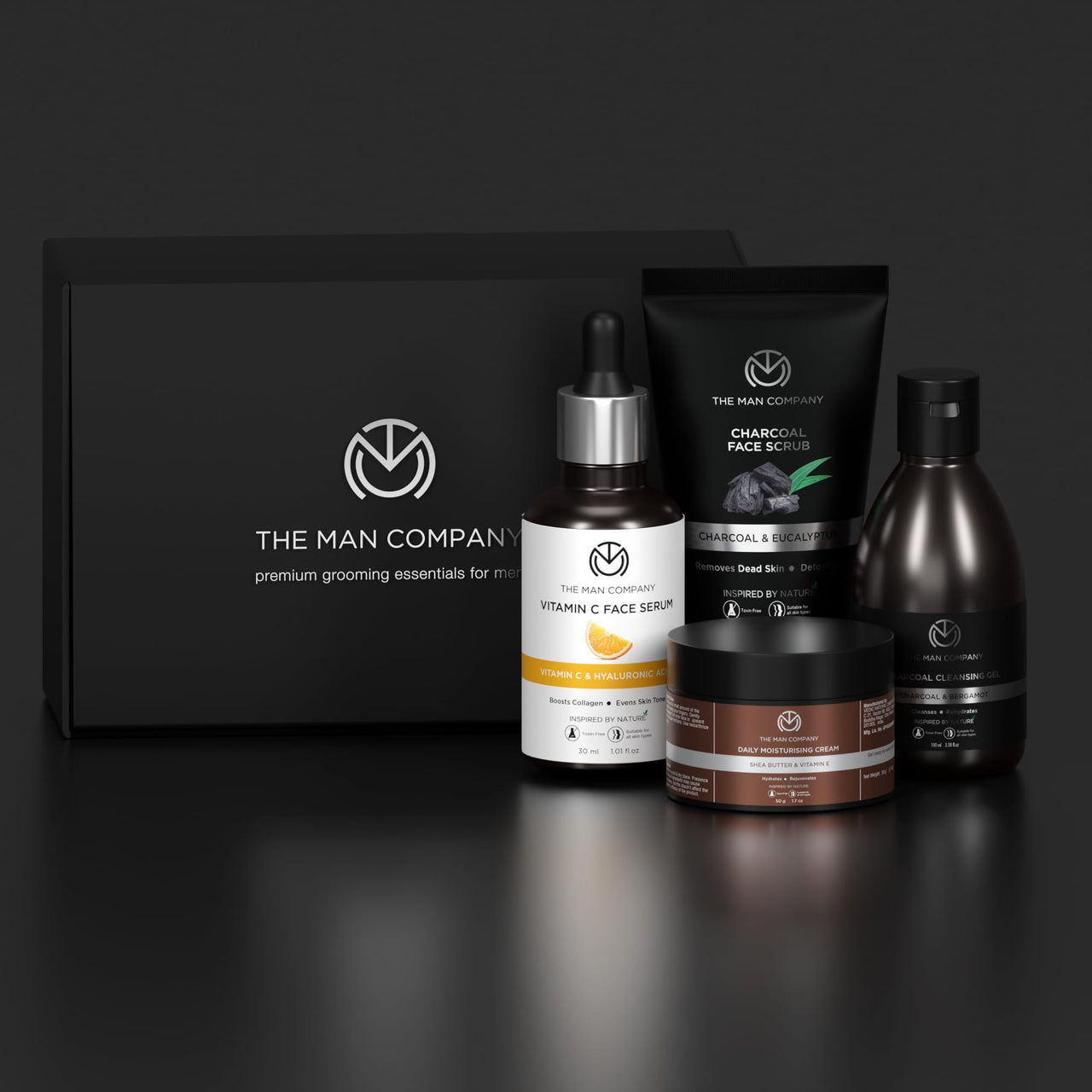 The Man Company Face on Point Facial Kit with Vitamin C Serum, Charcoal Face Wash & Face Scrub, daily Moisturizing Cream | Soft & Supple Skin | Gift Set for Him