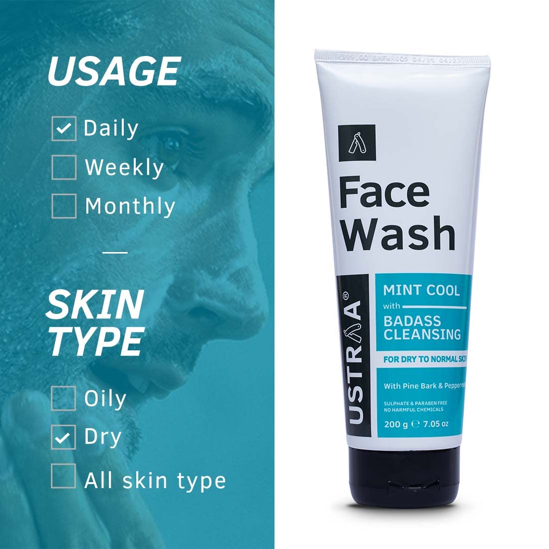 Ustraa Face Wash - Mint Cool - For Dry to Normal Skin - 200g | Reduces Moisture Loss | Removes Dirt & Dead Skin | with Pine Bark & Peppermint | NO SLS, NO PARABEN