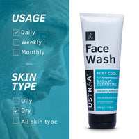 Ustraa Face Wash - Mint Cool - For Dry to Normal Skin - 200g | Reduces Moisture Loss | Removes Dirt & Dead Skin | with Pine Bark & Peppermint | NO SLS, NO PARABEN