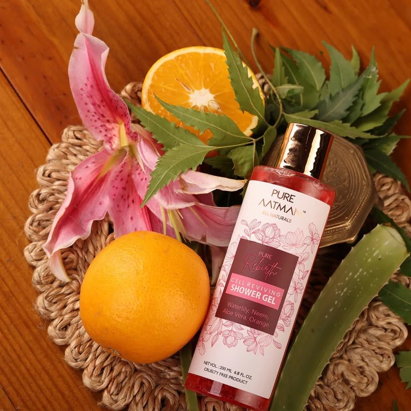 PURE AATMAN Rebirth- Shower Gel with Neem and Orange. Gentle, Moisturizing Body Wash Removes harmful bacteria, protects with anti-microbial & antioxidant properties with neem Exract-100ml