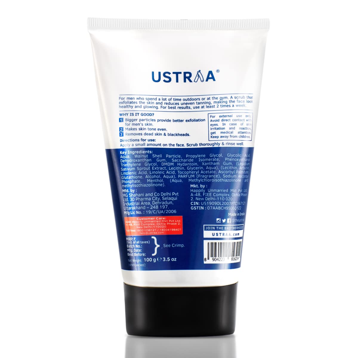 Ustraa De-Tan Face Scrub for Men - 100g | Exfoliation & Effective Tan Removal | No SLS & De-Tan Face Mask - Dry Skin - 125g - Wash-off mask | with White Charcoal | Helps Removes Tanning & Dead Skin